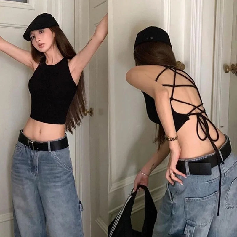 Y2K Women's Tops Backless Crop Top Sleeveless Sexy Cute Black Vest Tank Top Summer Cropped Vest Female 2000S Clothing