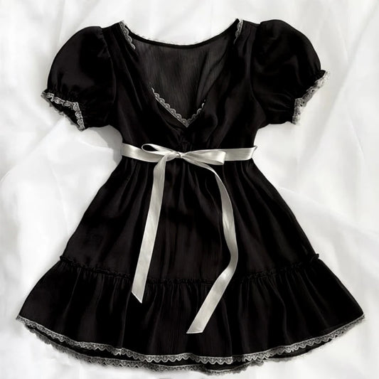 Sweet Y2K Woman Fashion Cute Clothing Dress Artsy Maiden Harajuku Sundress Aesthetic Chic Daily Fairy tale Classic Vintage Frock Black