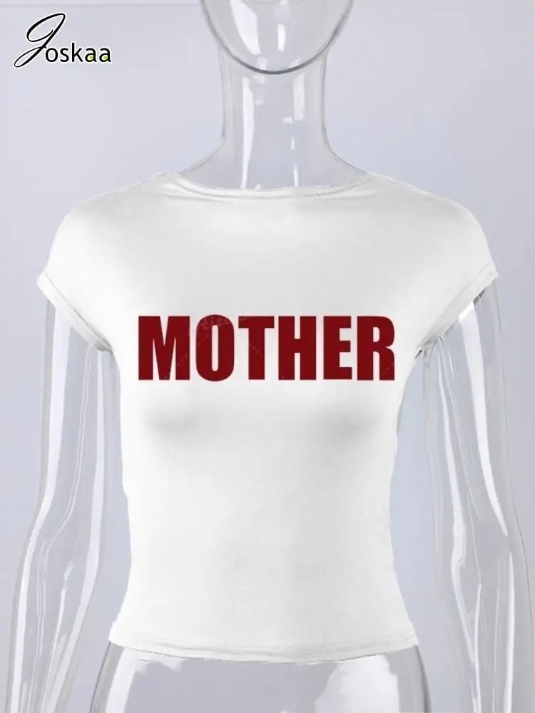 Joskaa Letter Printed Y2K T-Shirts Women Hipster Sexy O-Neck Short Sleeve Slim Crop Tops 2025 Summer Graphic Tees Streetwear