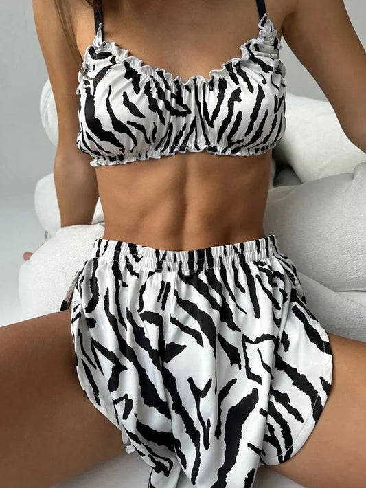 Marthaqiqi Printing Women Sleepwear 2 Piece Set Tank Tops Pajamas Crop Top Spaghetti Strap Nightgowns Shorts Casual Nightie Suit