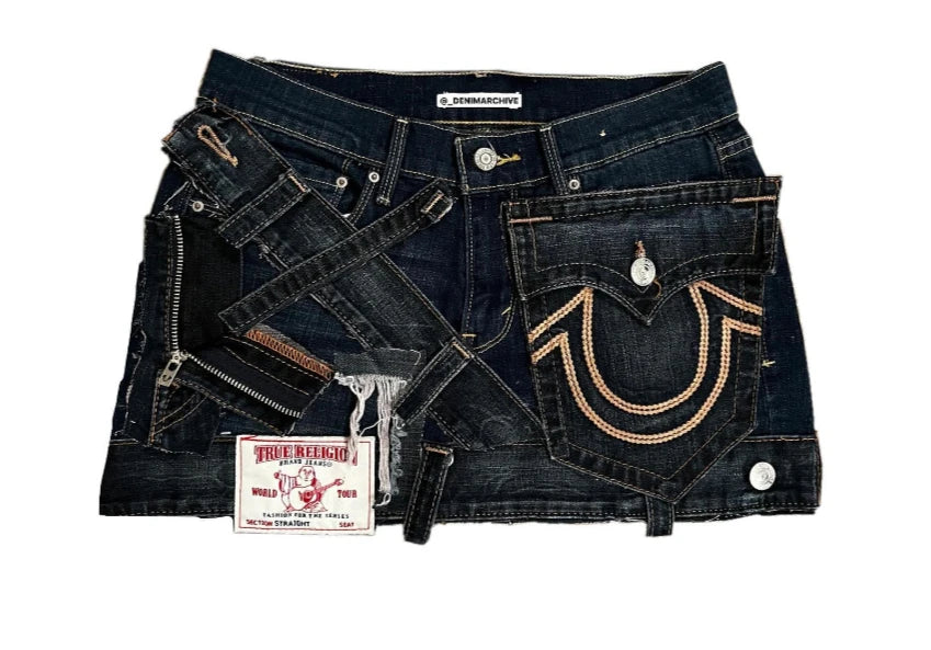 Streetwear Black Skirts Retro Goth Y2k Skirt Embroidered Pocket Patchwork with High Waist and Hip Bag Harajuku Denim Mini Skirt 3