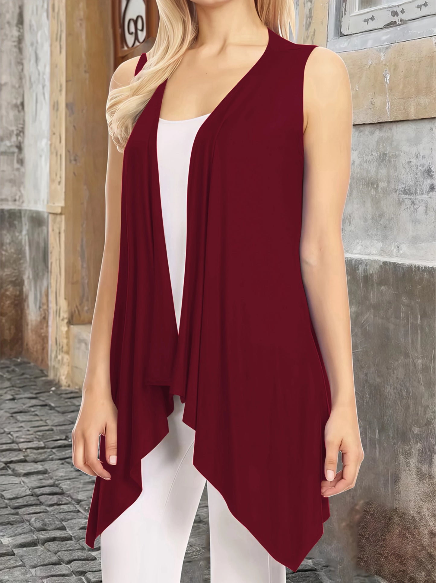 Elegant Sleeveless Open Front Cardigan Vest for Women - Plus Size Lightweight Draped Long Vest Red