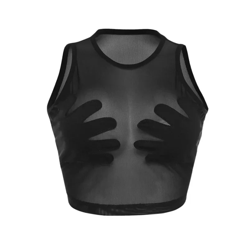 Fashion Round Neck Sleeveless Y2k Top Sexy Net Yarn Slightly Sheer Women Clothing High Stretch Embroidery Streetwear Crop Top
