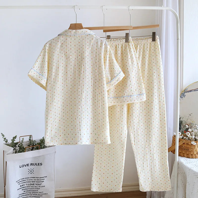 2025 New Summer Women's Pajama Set 100% Cotton Crepe Short Sleeve+Shorts+Pants 3-Piece Pajama Women's Cardigan Home Clothes