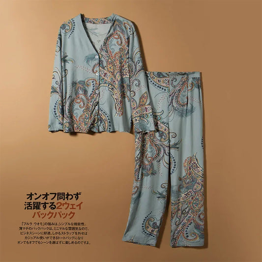 Japanese new spring and autumn new style cotton viscose ladies long-sleeved suit feather big flower home service pijamas women
