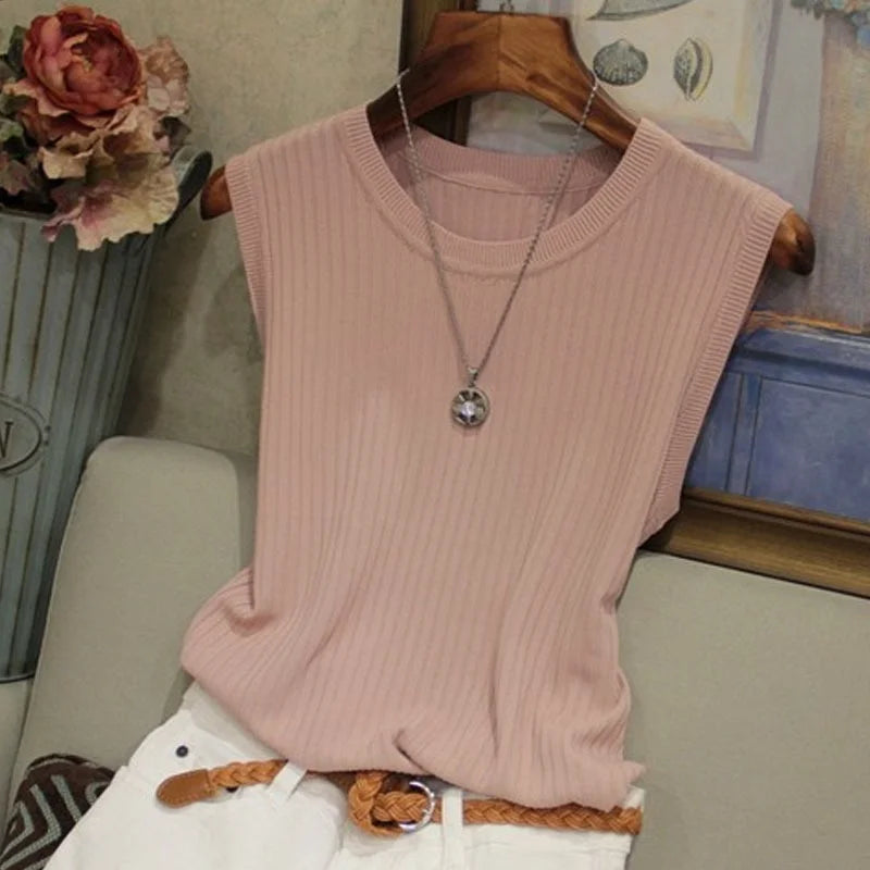 1pcs Summer New Fashion Knitted Vests O-neck Sleeveless Casual Thin Tops One Size Pink