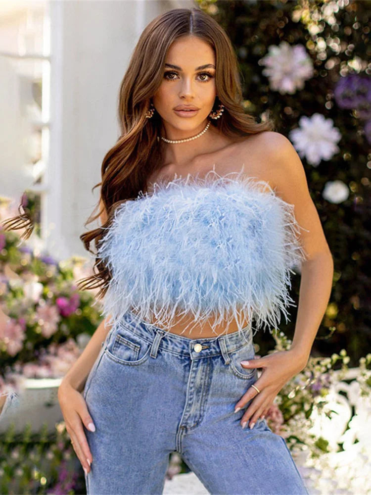 WESAYNB Wholesale Clothing Summer y2k Clothes Sexy Corset Tops Feather Strapless White Crop Tops Women 2022 Backless Design Top