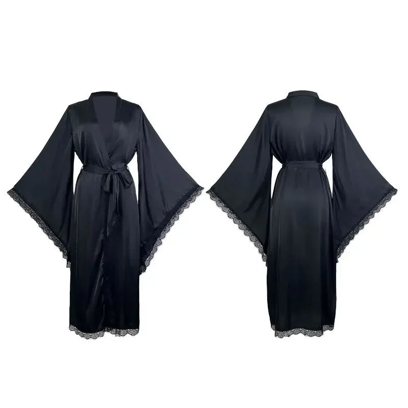 Long Bride Wedding Robe Women Elegant Sleepwear Big Sleeve Lace Full Slip Kimono Loungewear Soft White Rayon Home Dressing Gown black