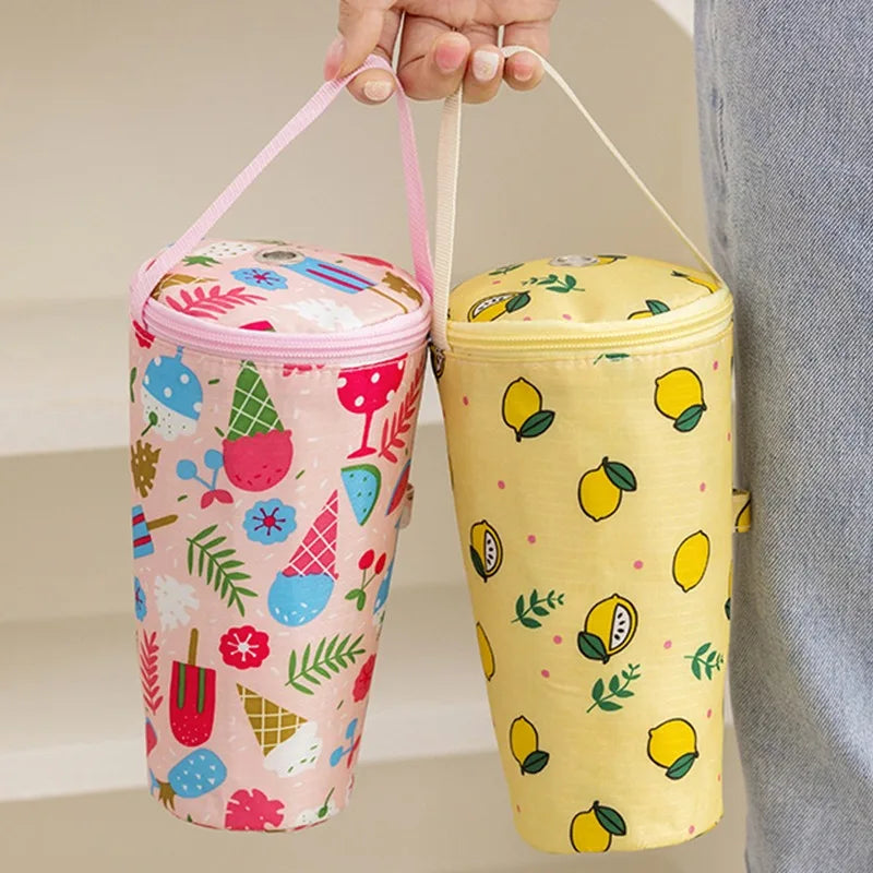 Portable Milk Tea Tote Bag Heat Preservation Bag Carrying Insulated Cup Cover Umbrella Bag Handbag Camping Drinkware Accessories Yellow and Pink