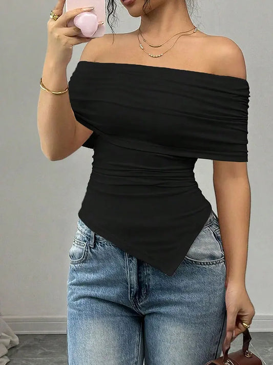Women New T-shirt Summer Fashion Slash Neck Streetwear Casual Slim Versatile Tees Solid Sexy Off Shoulder Elegant Lady Clothing