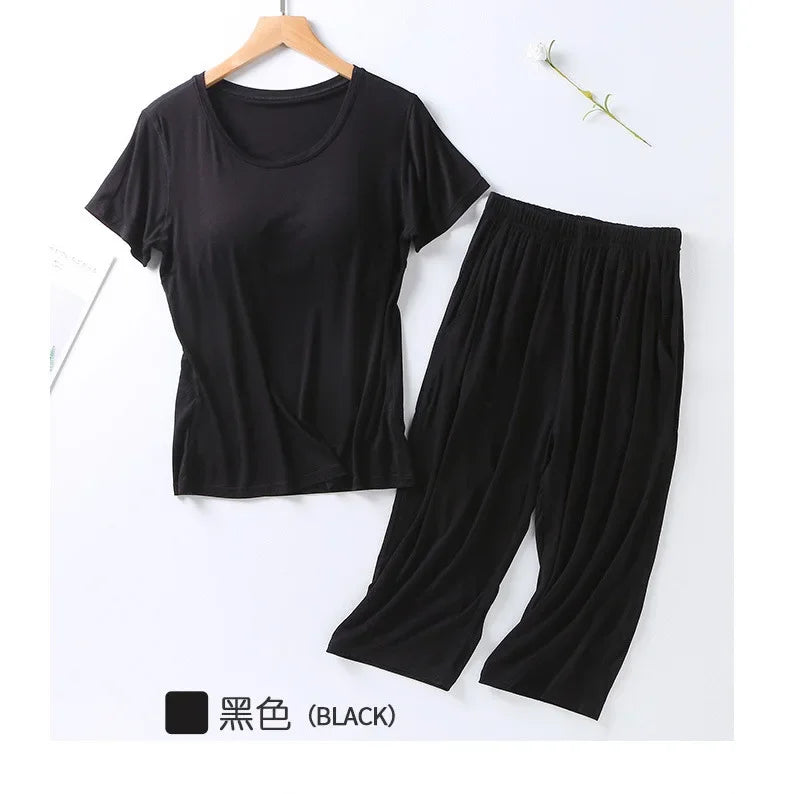 2025 summer new ladies modal pajamas two-piece suit with chest pad short-sleeved cropped trousers plus size home service set 01