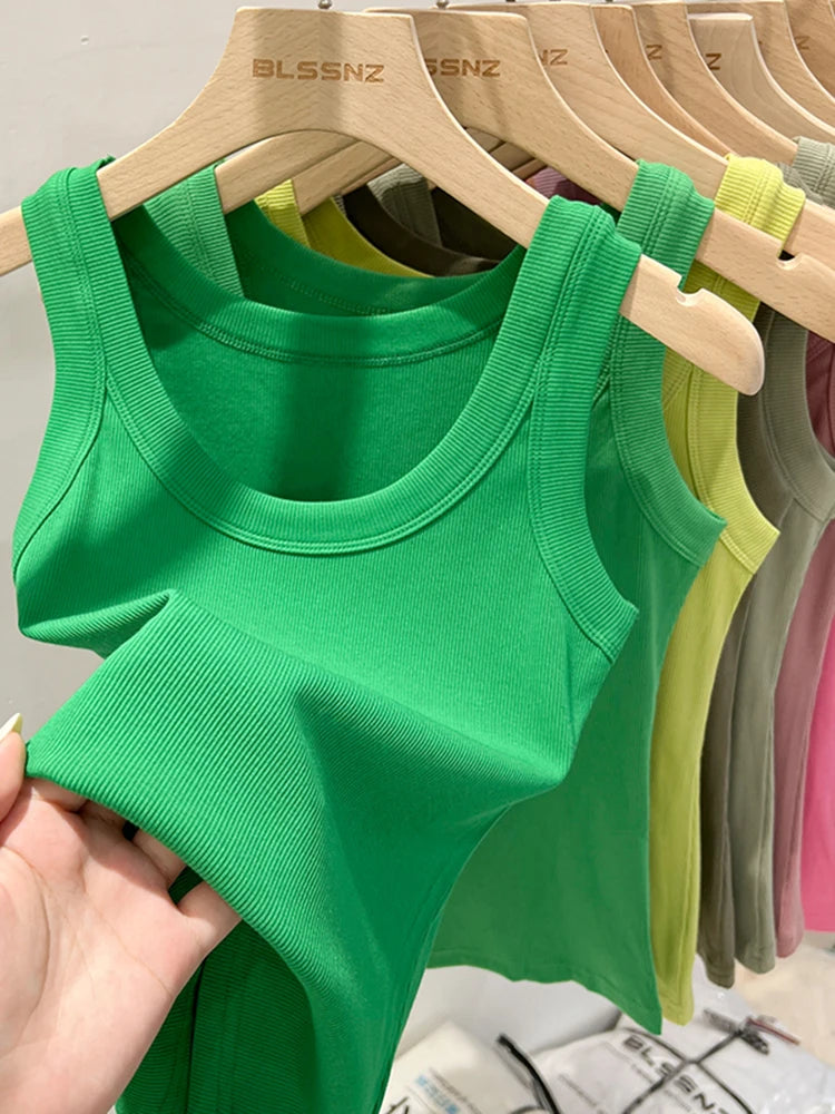zjaiss Women Solid Round Neck Ribbed Tank Top Camisole Women 2025 Summer Basic Elastic Tank Top O Neck Solid Tank Top Grass green