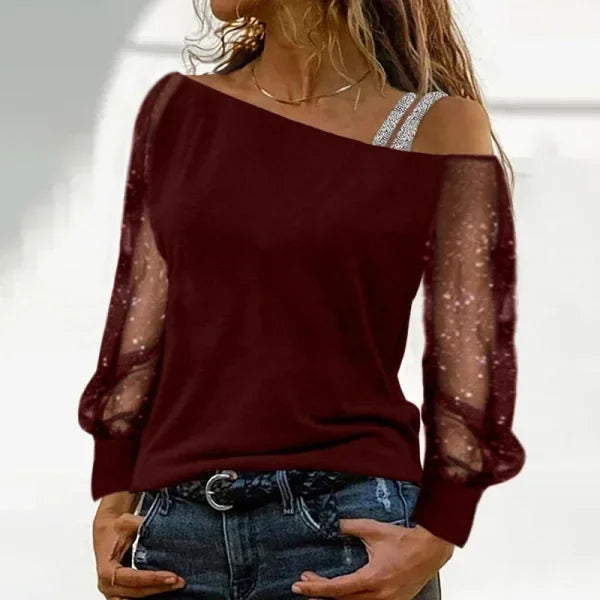 Fashion Slash Neck T Shirt Women Perspective Shiny Long Sleeves Tees Silver Strap Off Shoulder Pullover Streetwear Tops wine red
