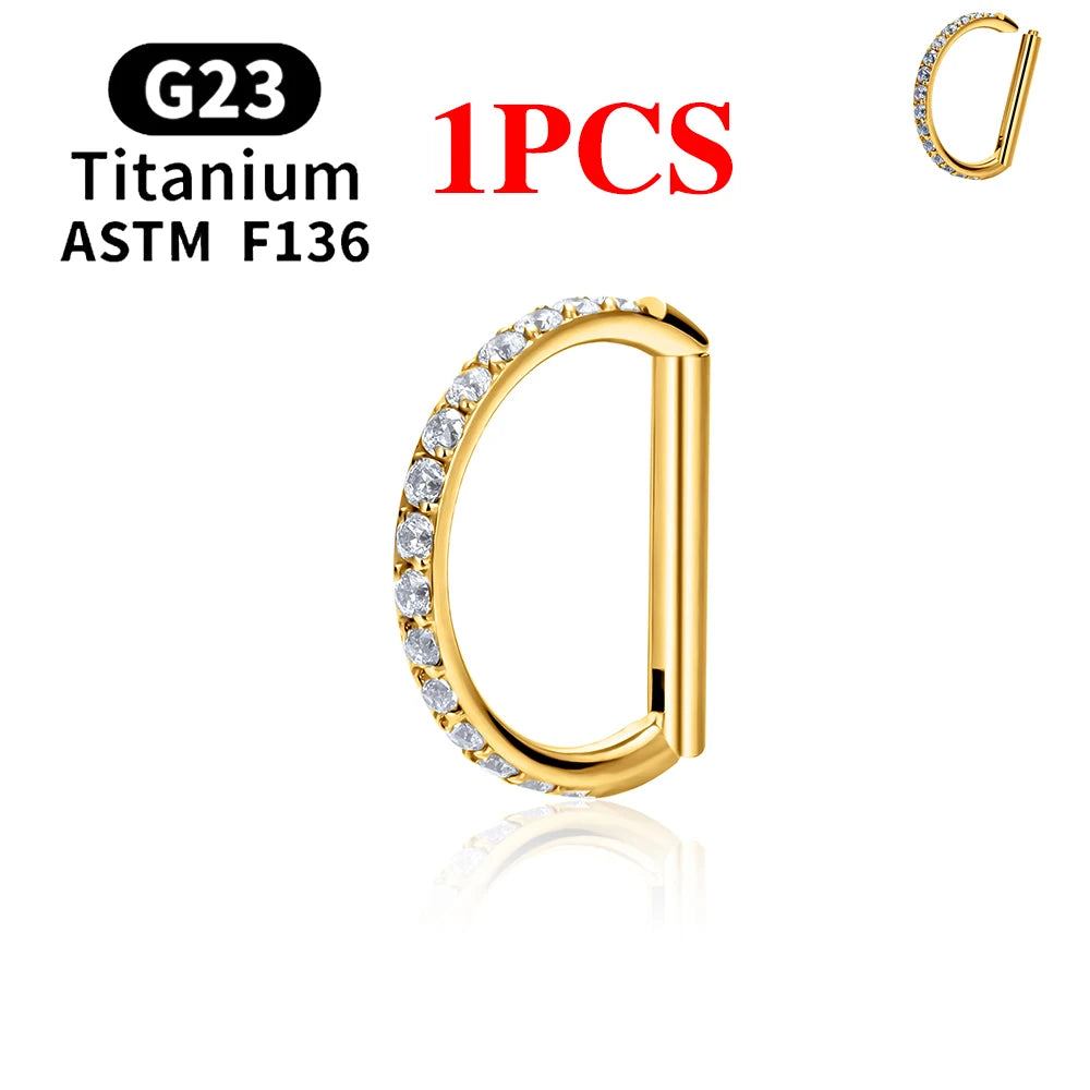 1/10PCS F136 G23 Titanium Piercing Nose Ring D Shape Hinged Segment CZ 16G Clicke Cartilage Tragus Helix Earrings Body Jewelry 1PCS Gold Color CHINA