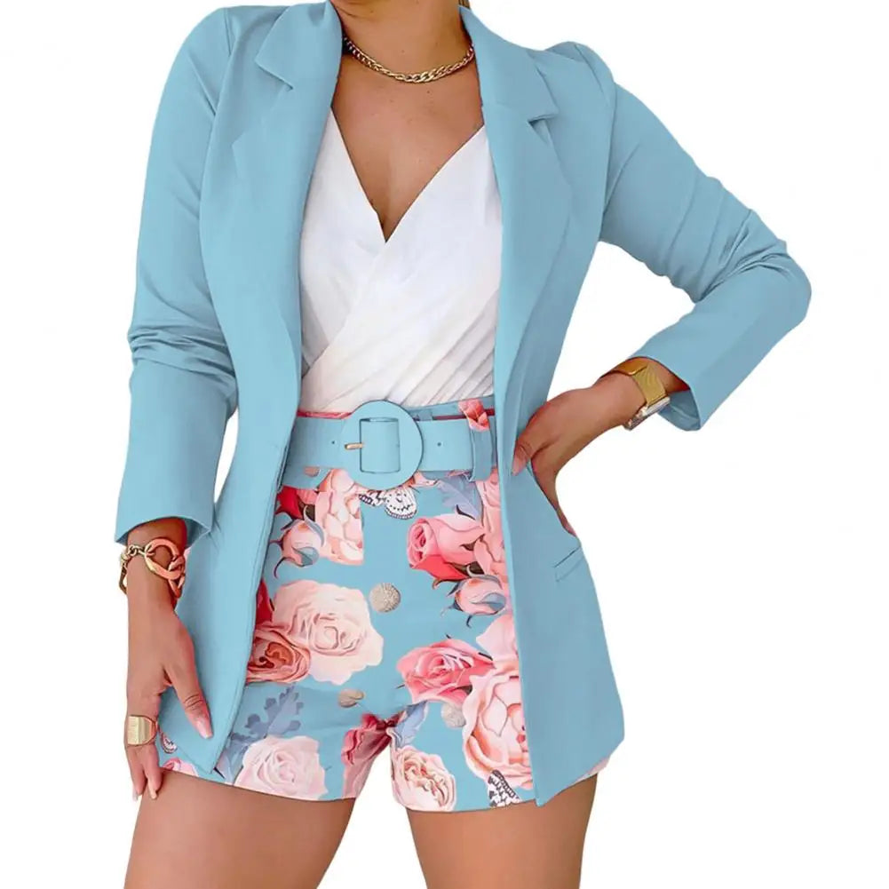 2 Pcs/Set Women Coat Shorts Set Solid Color Long Sleeves Female Outfit Set Flower Print Turn-down Collar Lady Top Shorts Suit Sky Blue