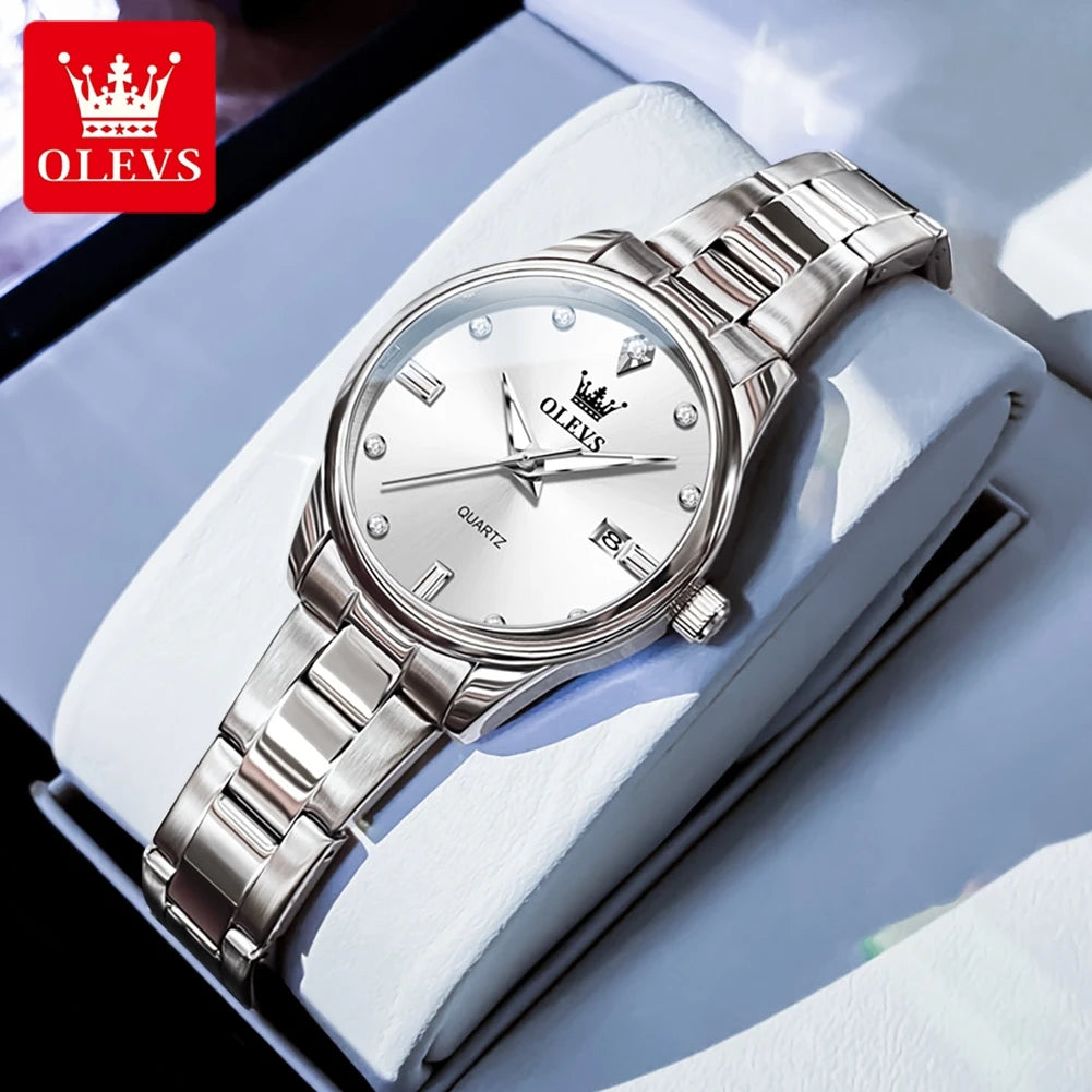 OLEVS Elegant Fashion Brand Women's Watches Gold Waterproof cCalendar Quartz Watch for Lady Stainless Steel Original Wristwatch silver