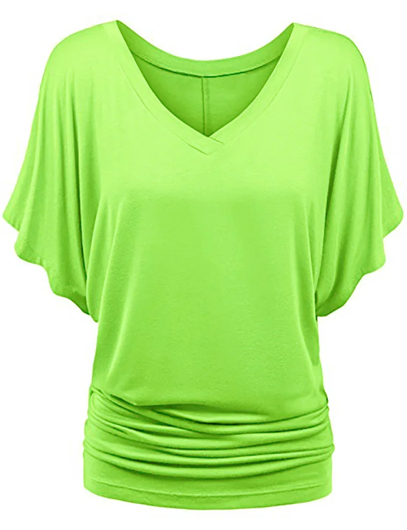Women V Neck Short Sleeve Pleated Loose T-shirts Summer Lady Batwing Sleeve Oversized S-5XL Tee Shirt Tops OUYMFZ-A1375 Green