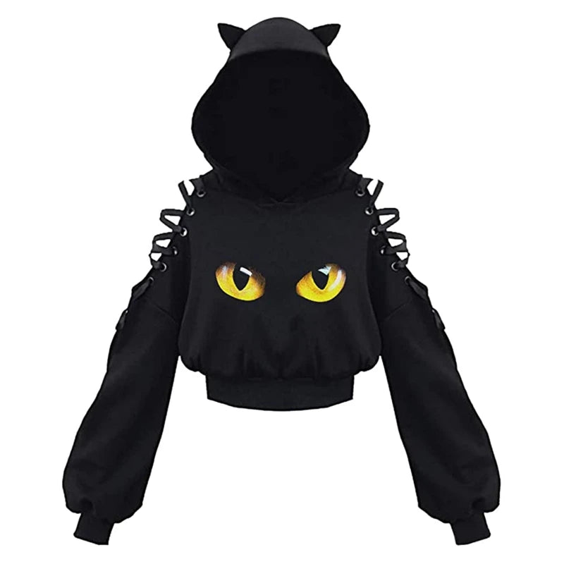 Y2k Gothic Womens Hoodie Cat Ear Crop Top Hooded Sweatshirt Hollow Out Lace Up Long Sleeve Hodded Casual Pullover Autumn C