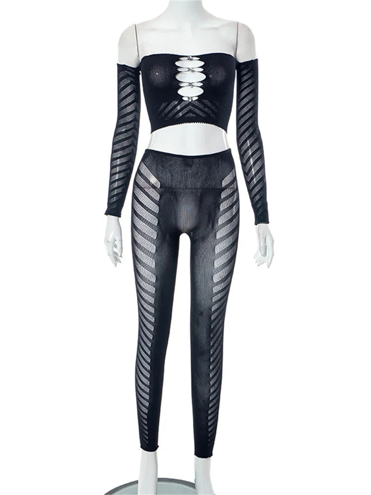 Simenual Baddie Fashion Mesh Tansparent Two Piece Sets Hotsweet Sexy Hollow Out Crop Tops Skinny Pants High Elastic Co Ord Suits