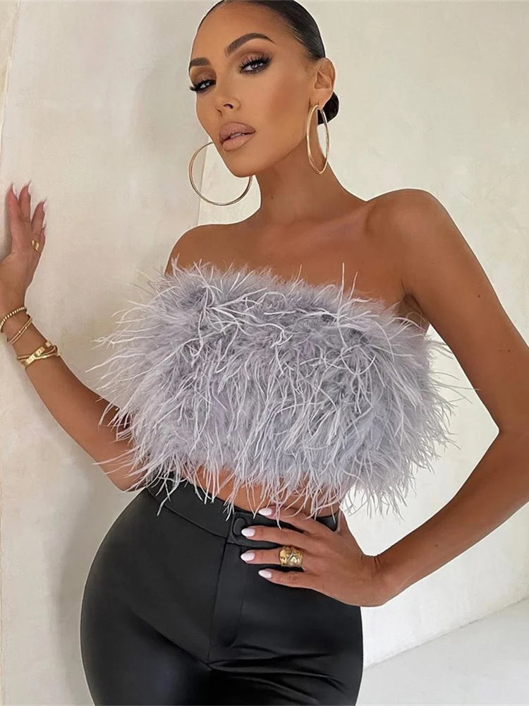 WESAYNB Wholesale Clothing Summer y2k Clothes Sexy Corset Tops Feather Strapless White Crop Tops Women 2022 Backless Design Top