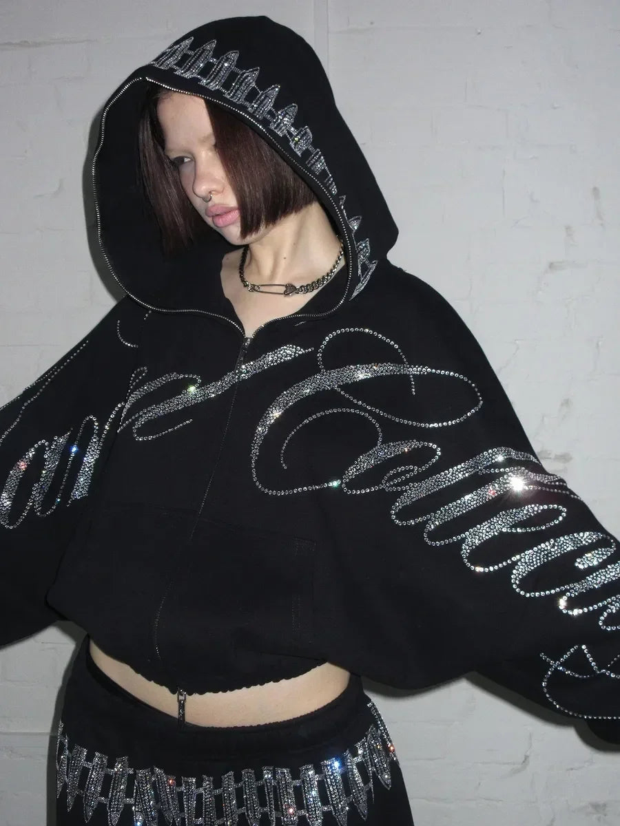 Y2K Streetwear Letters Rhinestone Sequin Hoodie Sweatpants Two Piece Set Sweatpants Women Oversized Sweatshirt Casual Pants Set