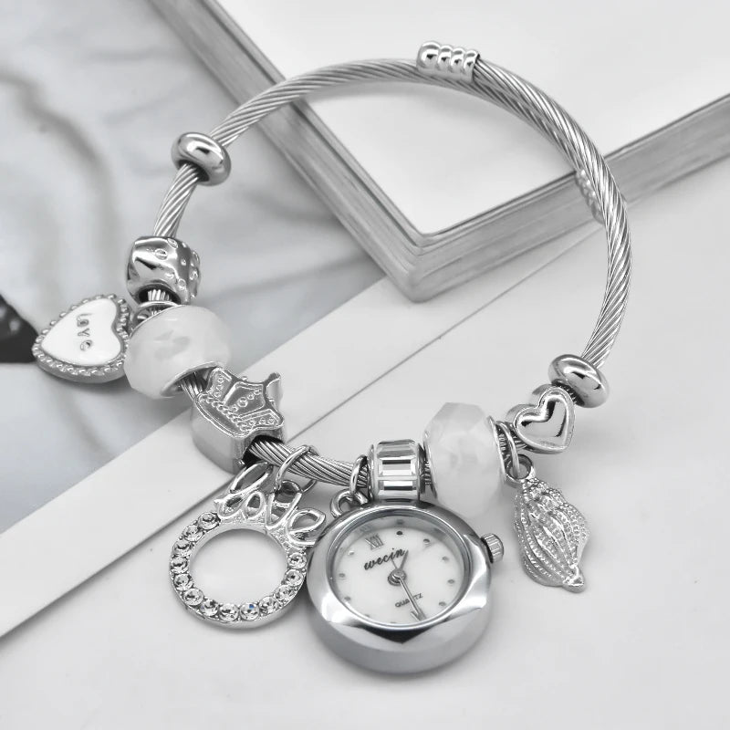 Fashion Women's Bracelet Watch Love with stylish decor refined round quartz watch silvery casual elegance Silvery-3