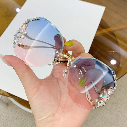 Women's New Diamond-encrusted Sunglasses Rimless Cut Edge Sunglasses Big Face Slimming Sunglasses