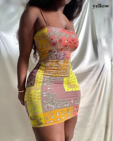 Sexy Strap Mini Dress Women Club Party Short Dresses Summer New Printing Slim Fit Dress Plus Size S-5Xl Yellow