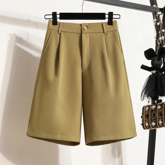 Women's Plus Size Shorts Summer 2025 Loose High Waisted Khaki Suit Shorts Solid color Casual Thin style Knee-length short Pants