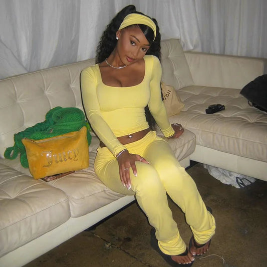 Fashion Soild Women's Set Long Sleeve Yellow U Neck Shirt and Flared Pants 2024 Elegant Tracksuits Two 2 Piece Set Outfits