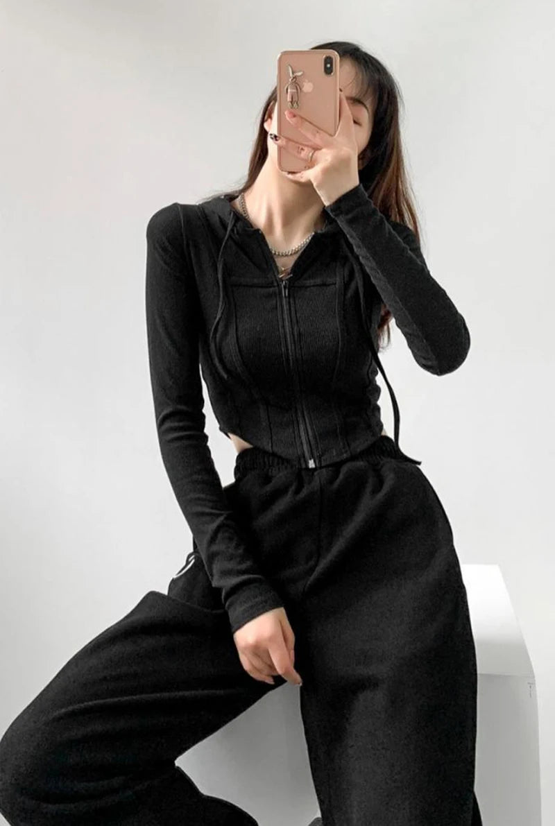 Thin Hooded Cardigan Women Korean Vintage Slim Summer Solid Sports Jacket Vertical Pit Stripe Zipper Female Sexy Cropped Tops