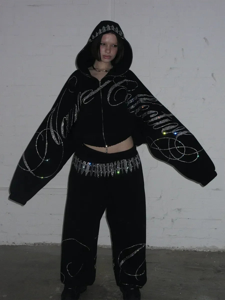 Y2K Streetwear Letters Rhinestone Sequin Hoodie Sweatpants Two Piece Set Sweatpants Women Oversized Sweatshirt Casual Pants Set