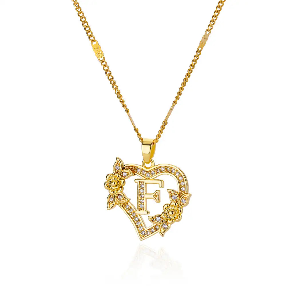 Zircon Flower Heart Initials Necklaces For Women Stainless Steel Heart Lover Gold Color Letter Chain Collar Necklace Jewelry F CHINA