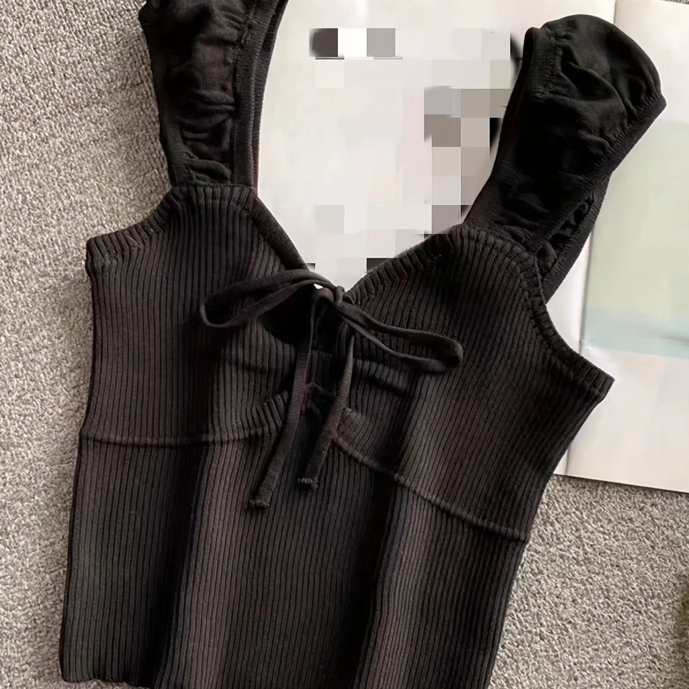 2024 Solid Color Ribbed Knotted Tank Top Casual Round Neck Tank Top For Spring & Summer Women's Clothing Knit Crop Top Black One Size