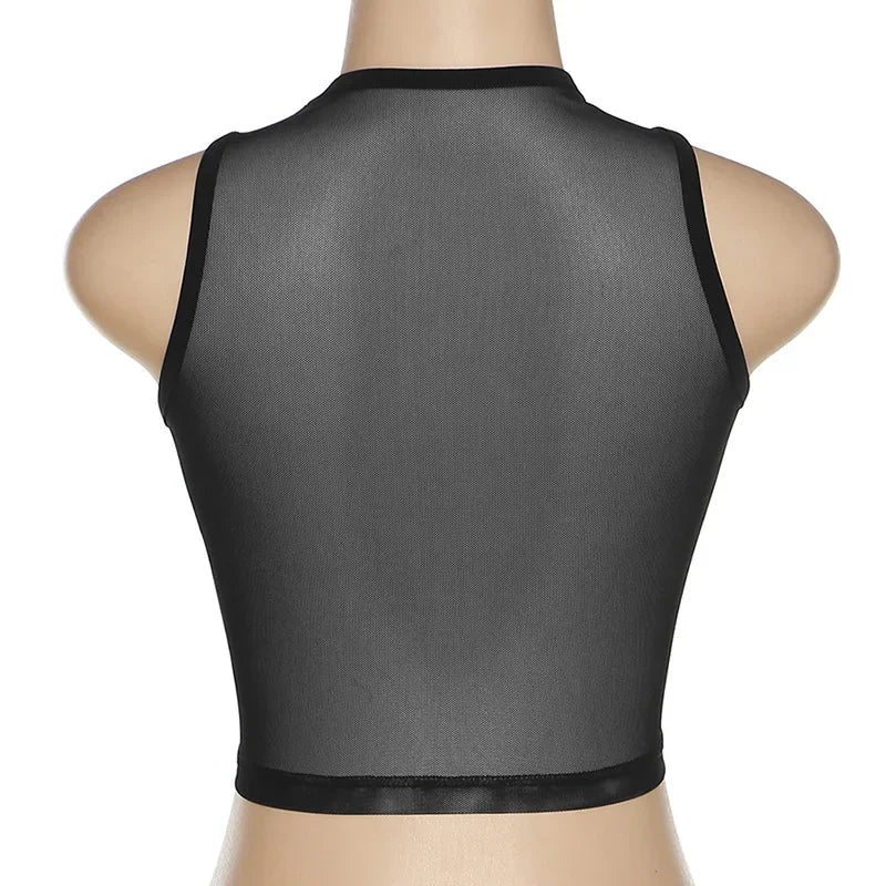 Fashion Round Neck Sleeveless Y2k Top Sexy Net Yarn Slightly Sheer Women Clothing High Stretch Embroidery Streetwear Crop Top