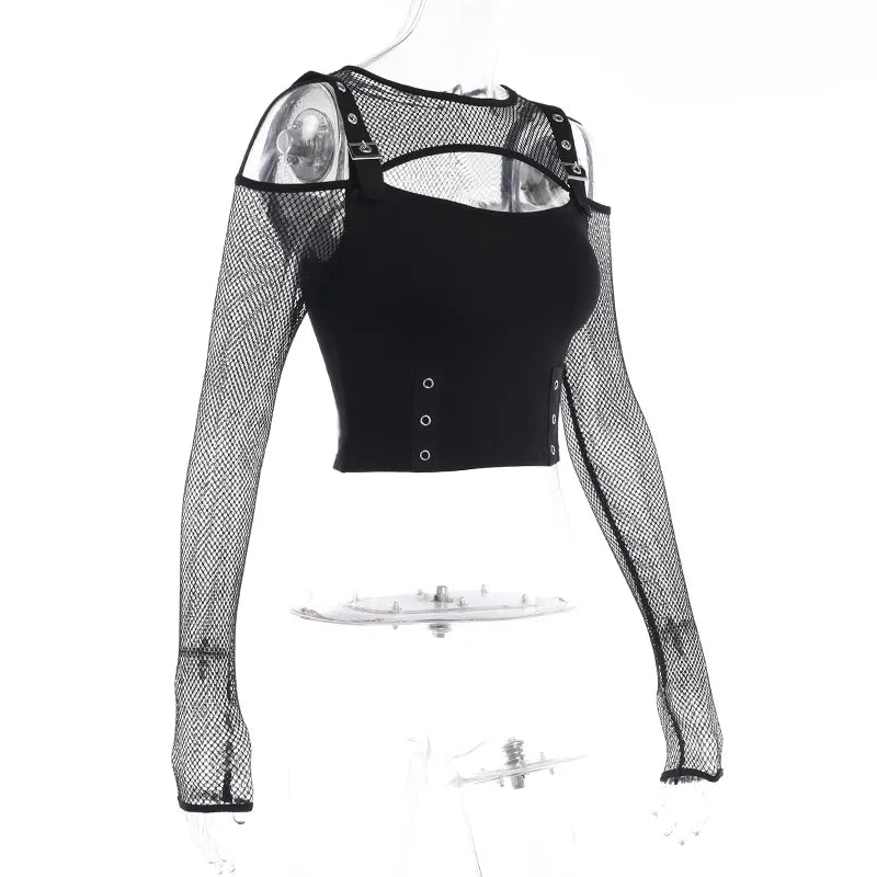 Goth Dark Mall Gothic Fishnet Patchwork T-shirts Grunge Punk Hollow Out Buckle Crop Tops Techwear Fashion Female Alt Streetwear