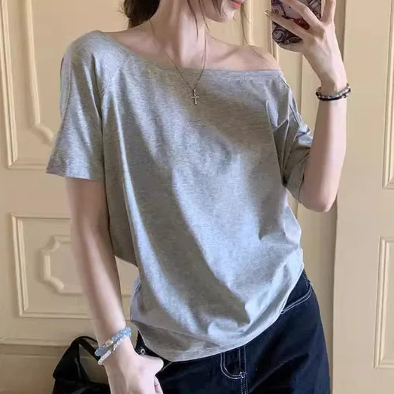 T-shirts Women Solid Simple Summer Casual Cleanfit Short Sleeve All-match Young Girls Streetwear Y2k Top Aesthetic Clothes Ins Gray