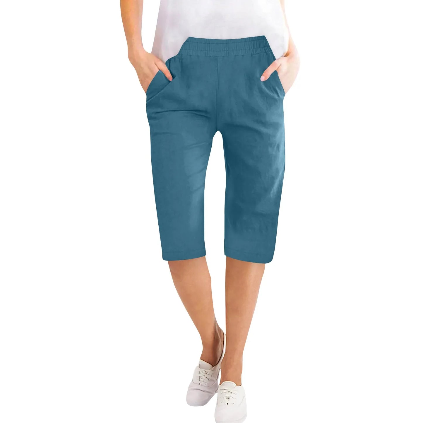 Womens Capris Cotton Linen Pants Drawstring Elastic Waist Pants Casual Cropped Trousers Daily Breeches Five Half Pants Pantalone Royal Blue