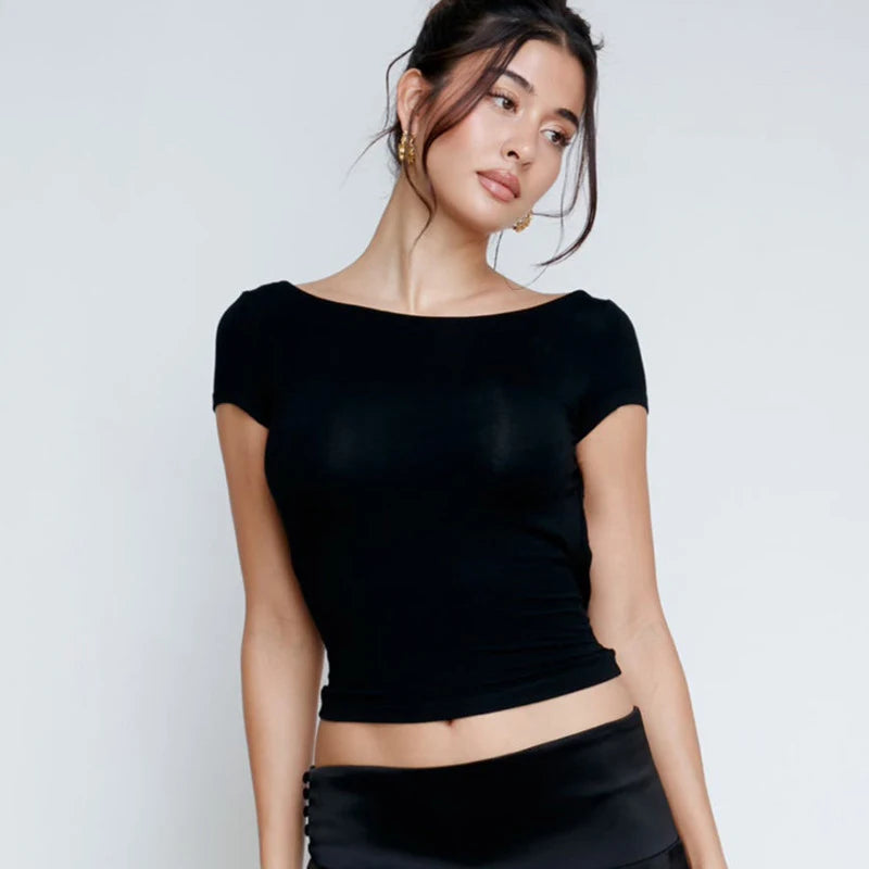 O Neck Short Sleeve Backless Ruched Crop Top Women'S Tshirt Y2K Streetwear Summer Spring Dropshipping Casual Clothing