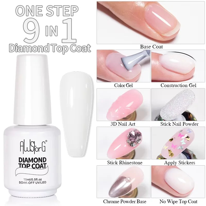 AWStorG15ml 2 IN 1 Crystal Top Coat Transparent Soak Off UV LED Nails Art Manicure Gel Nail Polish Varnishes Primer Function Gel Diamond Top 02
