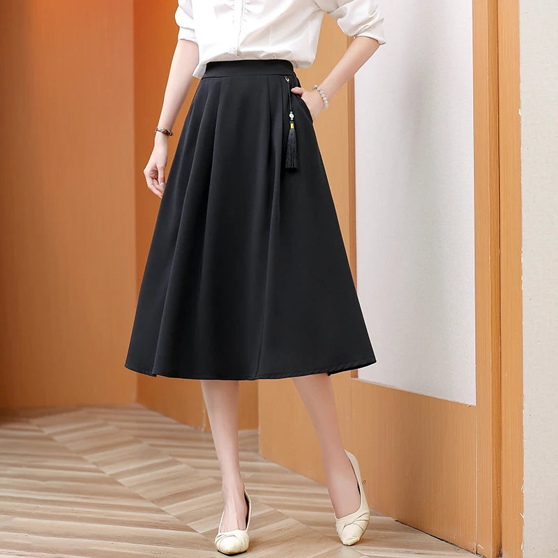 2024 New Solid Color Fringe Skirt Summer Classic Clothing Women's Loose Plus Size Skirt New Street Elegance Calf Belly Skirt Black