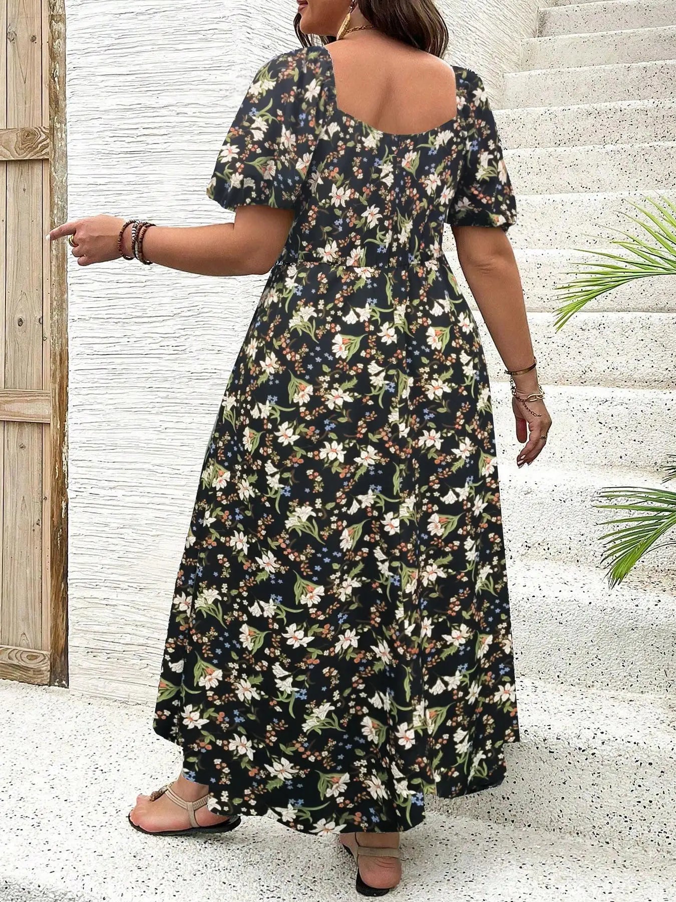 【Plus Size】 Ditsy Floral / All Over Print Split Thigh Dress, Casual Puff Sleeve Tie Front Dress, Women Plus Clothing for Summer