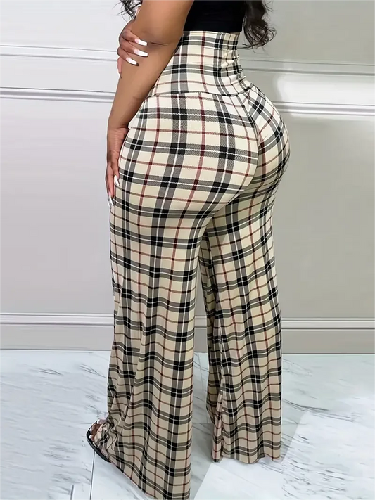 Women's Plaid Wide Leg Pants High Waist Casual Loose Trousers for Spring Summer