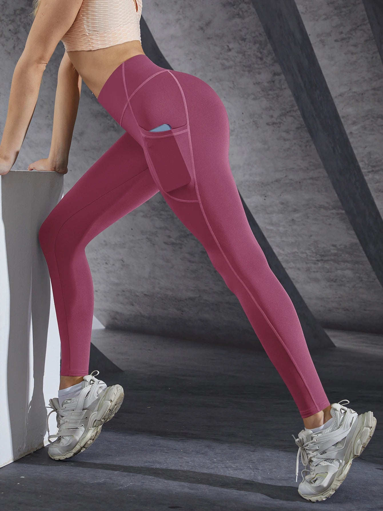 New High Waist Women's Leggings Stretch Yoga Pants Tights With Pockets Push Up Fitness Running Sportswear Solid Color Pants Rubber red