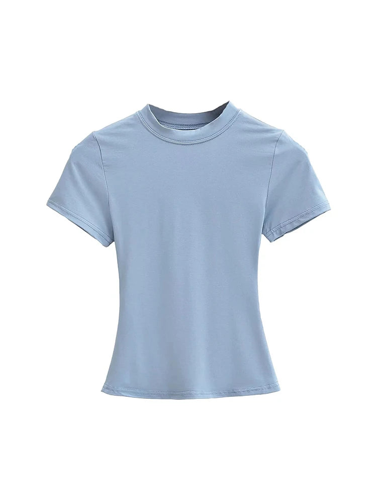2025 New High Quality Casual T shirt Sexy Slim Short Sleeves Fashion Trend Solid Women Clothing y2k Tops SKY BLUE
