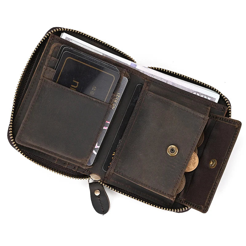 2023 New Short Wallet Men Women Vintage Fashion Card Holder Zipper Coin Purse Crazy Horse Leather Mens Slim Zipper Purse Wallet