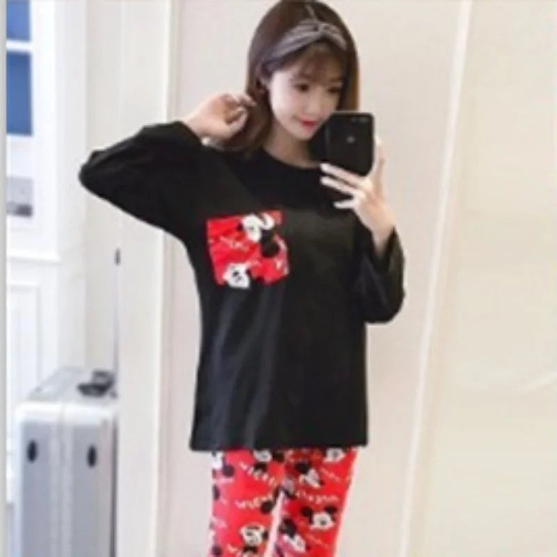 Spring And Autumn Long Sleeve+Long Pants Two Piece Pajama Set For Women Cartoon Cute Mickey Home Clothes Set 4