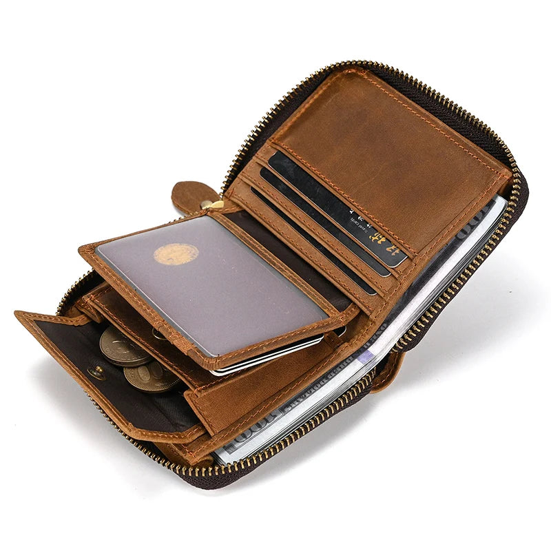 2023 New Short Wallet Men Women Vintage Fashion Card Holder Zipper Coin Purse Crazy Horse Leather Mens Slim Zipper Purse Wallet