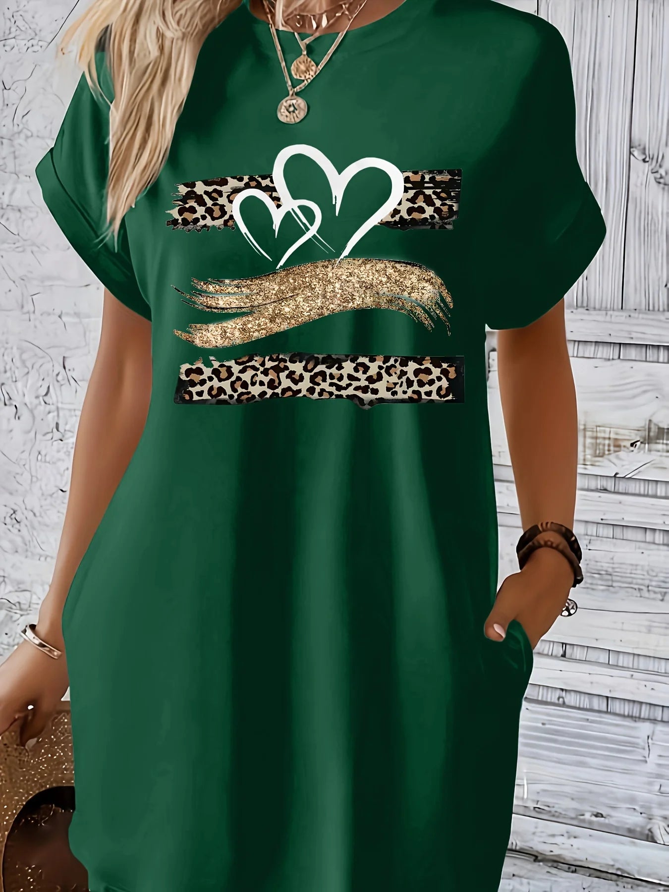 Women'S Casual Knit TShirt Dress with Heart Print Crew Neck Short Sleeve Fashionable Top Black with Colorful Flag Design