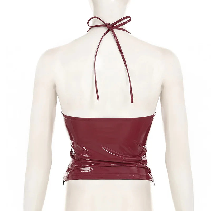 New y2k Solid Metal Button Women’s Halter Tops Sleeveless Pu Leather Punk Baddie Slim Women Blouses Streetwear Clothing Crop Top